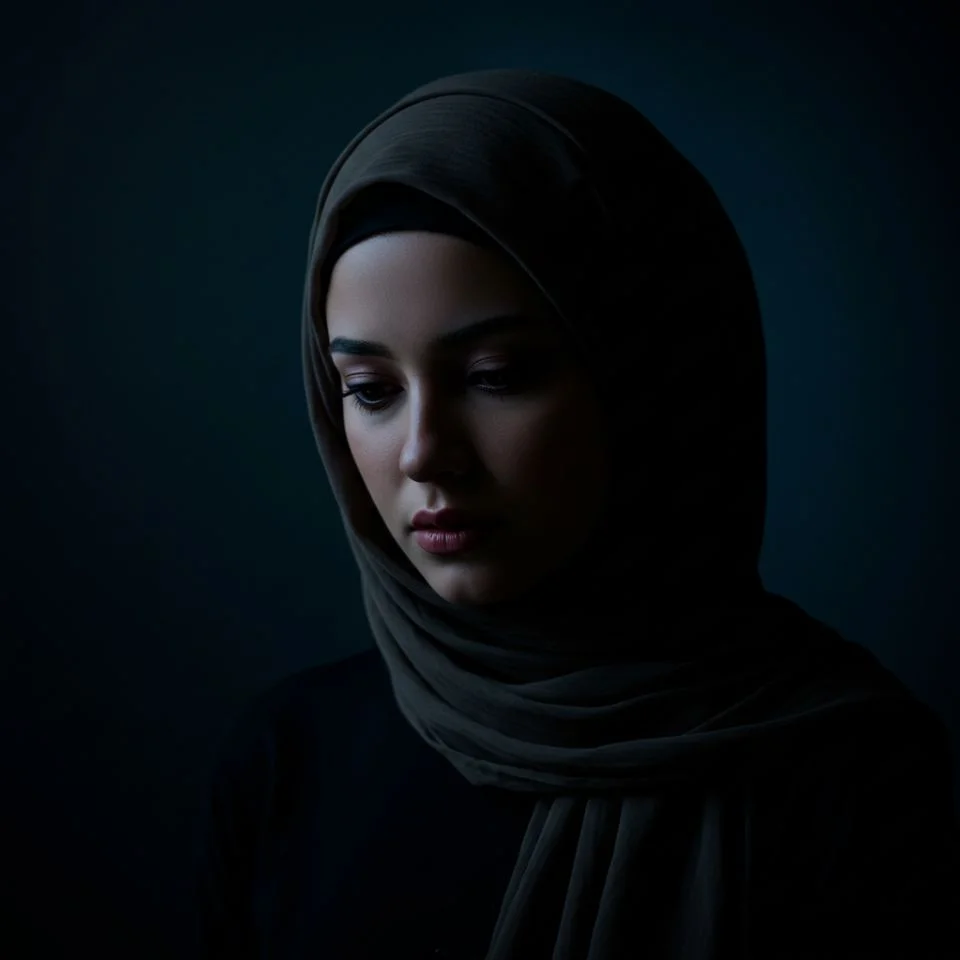 hijab-dp-broken-heart Broken Hijab DP — girl looking down, soft shadows