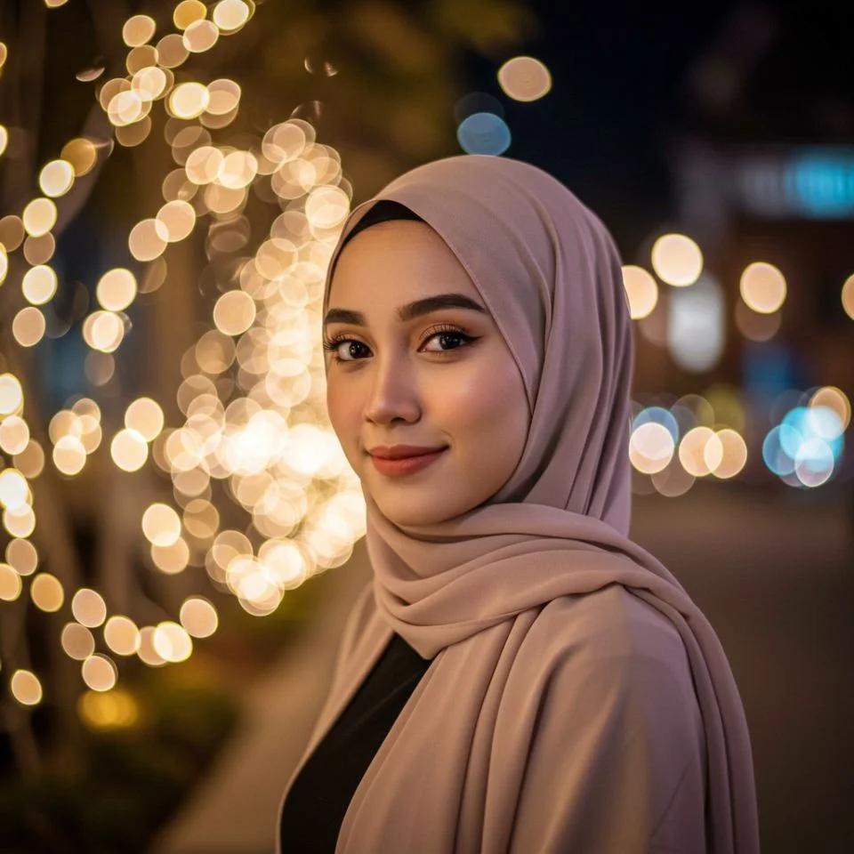 hijab-dp-cute-bokeh Cute Hijab DP — glowing bokeh light portrait