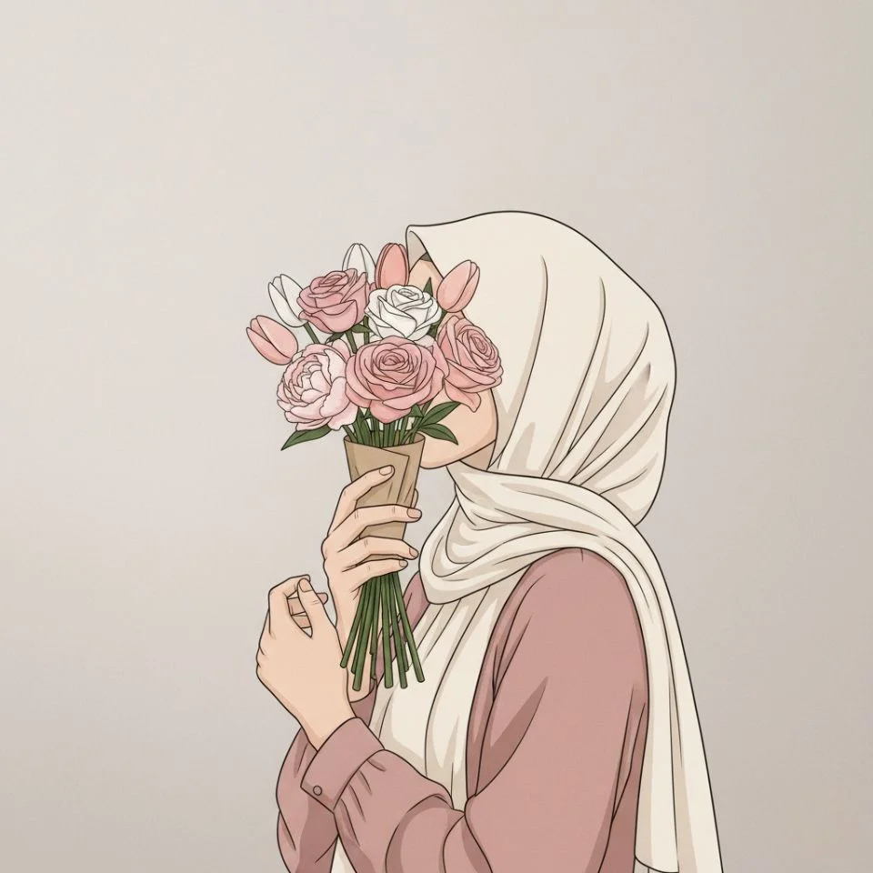 hijab-dp-hidden-flower Hidden Face Hijab DP — holding flowers in front of face