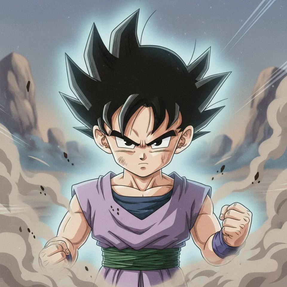 kid-gohan-pfp-battle-ready Kid Gohan battle-ready PFP — dust and aura effects