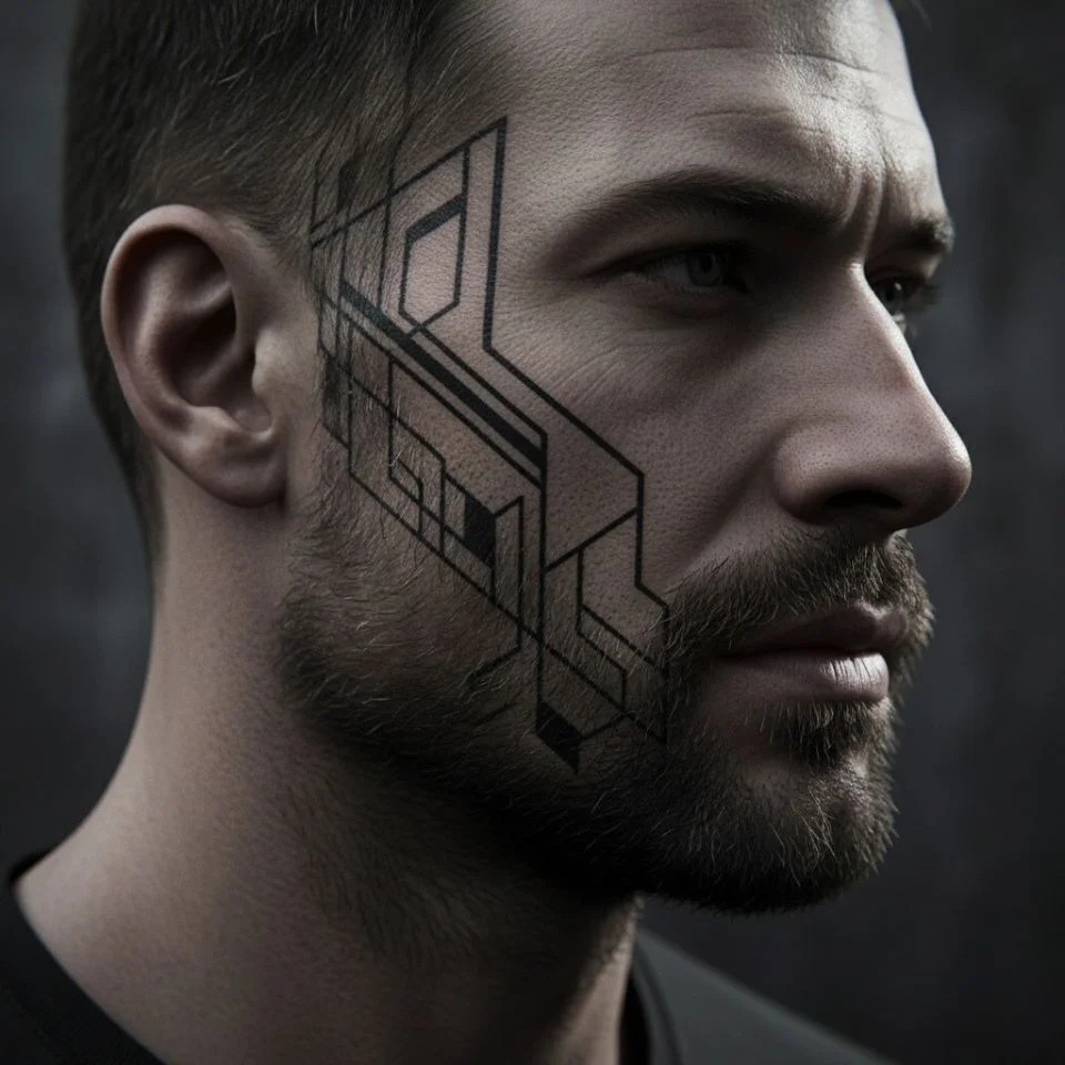Bold pattern tattoo along sideburn