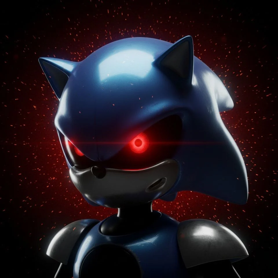 Metal Sonic PFP glowing red eyes on dark background