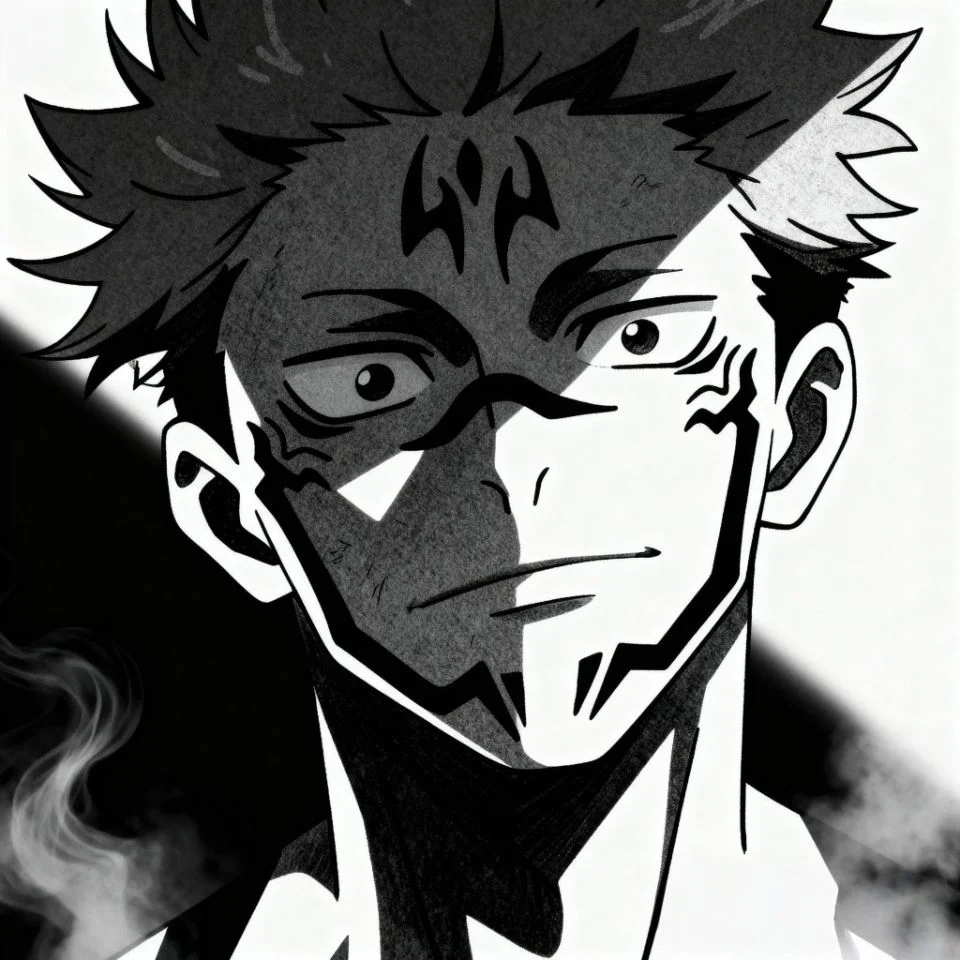 Black and white close-up of Sukuna’s eyes and markings.