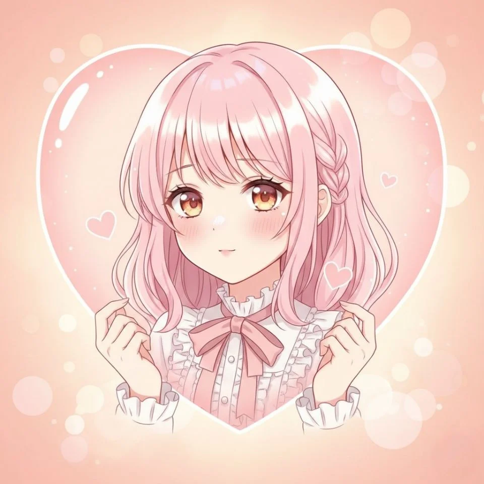 pink-heart-pfp-anime-style Anime girl pink heart PFP with warm background