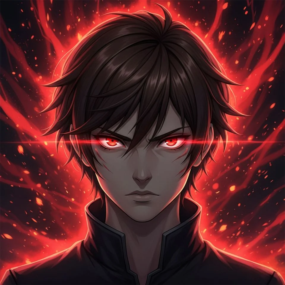 Red anime closeup with glowing eyes and intense background