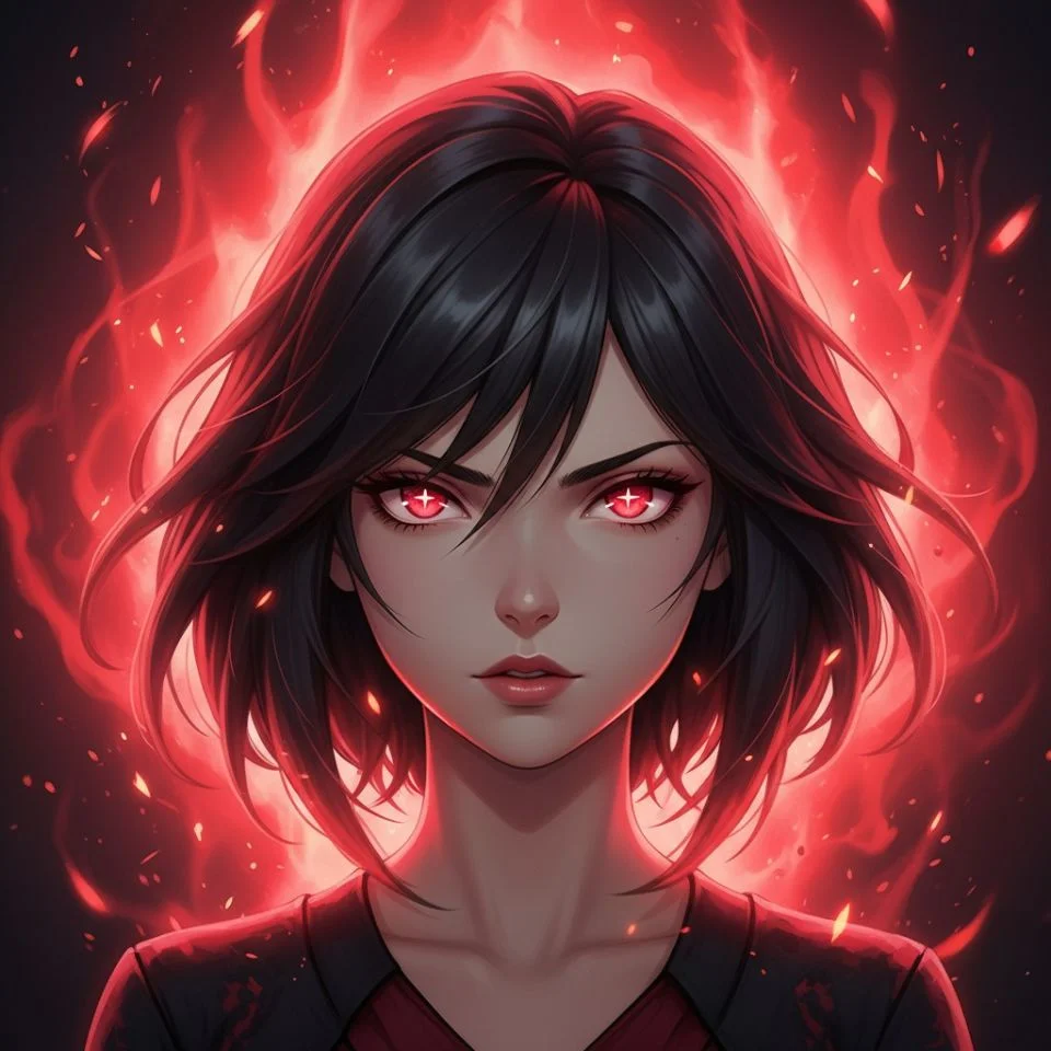 Intense anime PFP with red aura around face