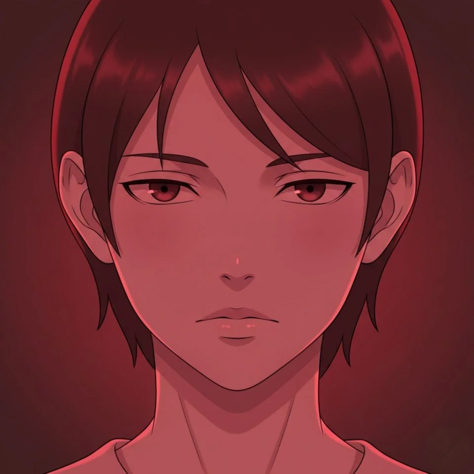 Minimal anime red PFP focused on face lighting
