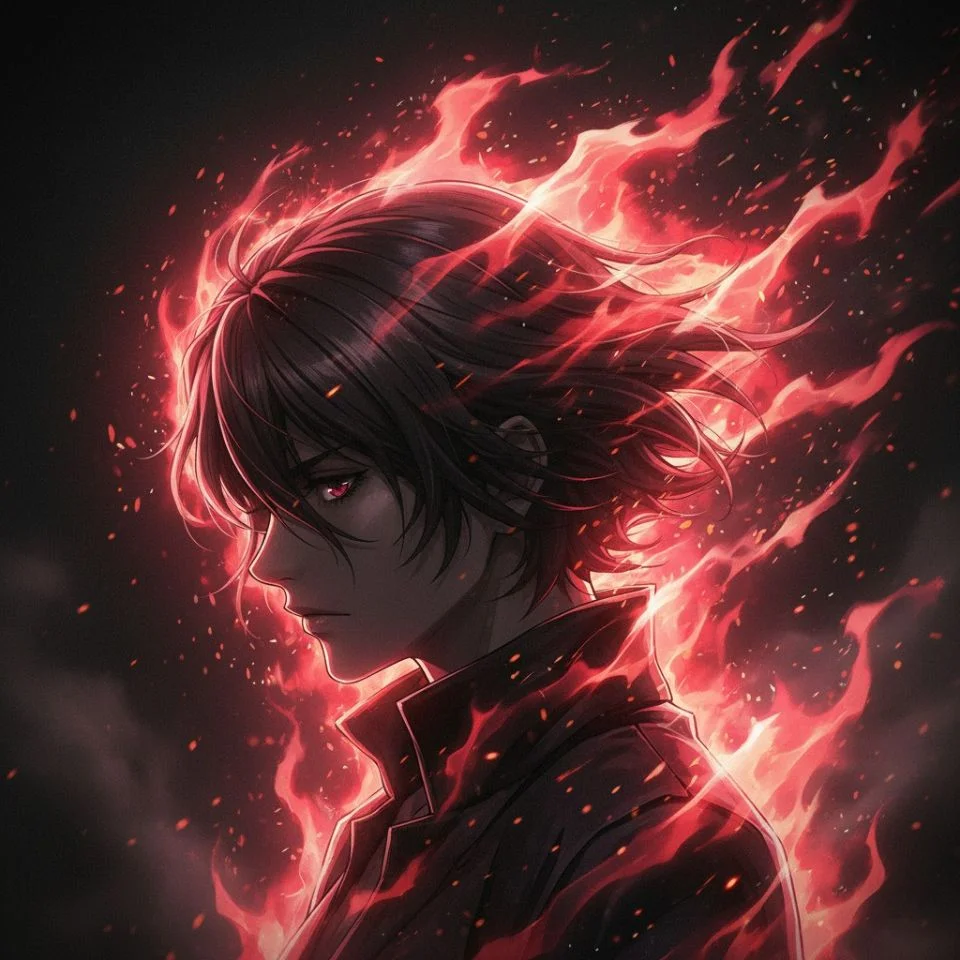Red flame aura PFP with anime flame particles