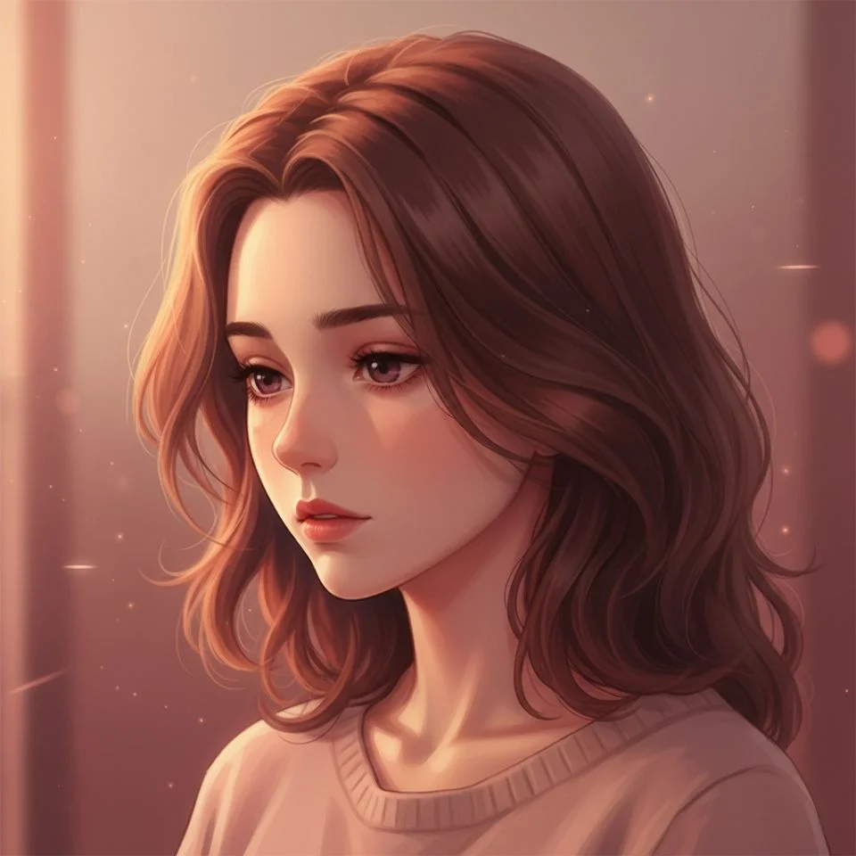 Muted red girl PFP with soft light and shadows