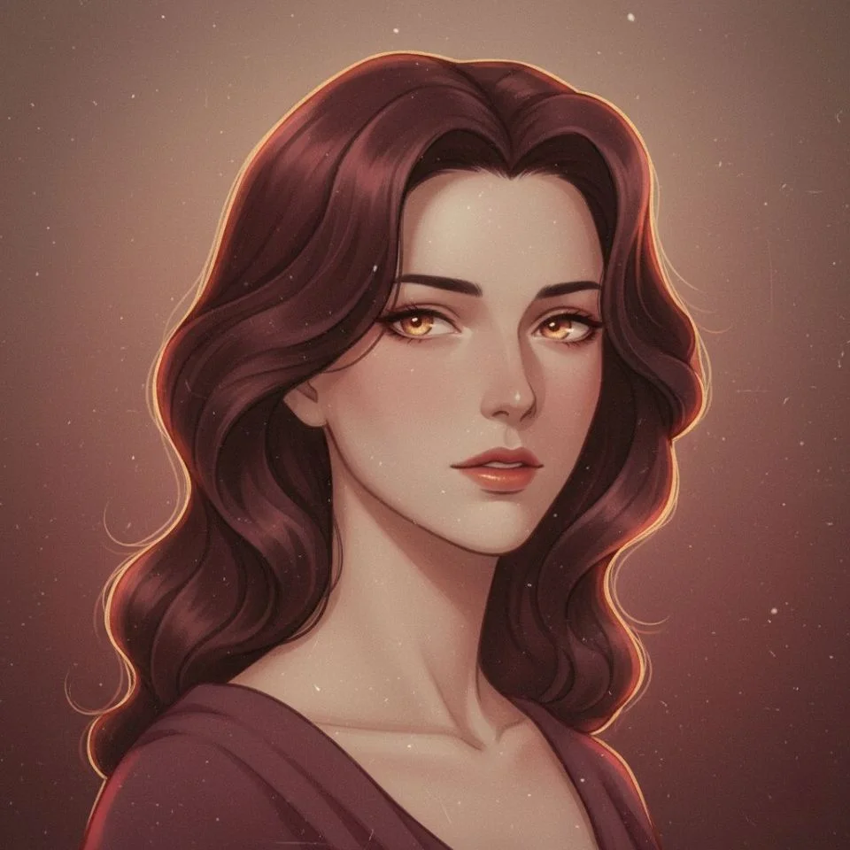 Vintage muted red PFP of mysterious female character