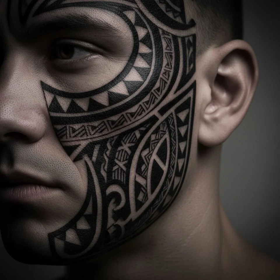 Bold blackwork style tattoo on sideburn