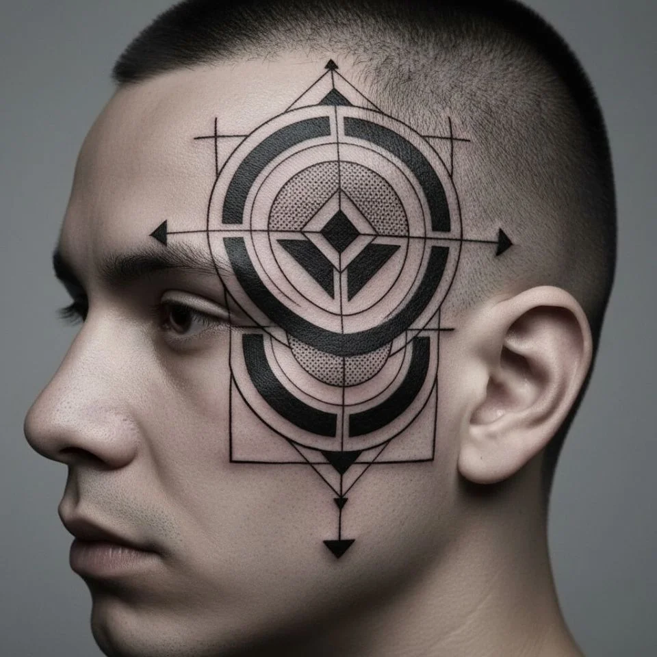 Symmetrical blackwork tattoo design along sideburn — minimalist geometric precision