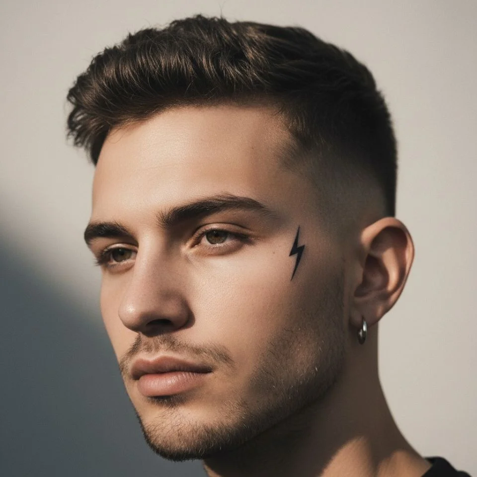 Lightning bolt tattoo near temple and sideburn