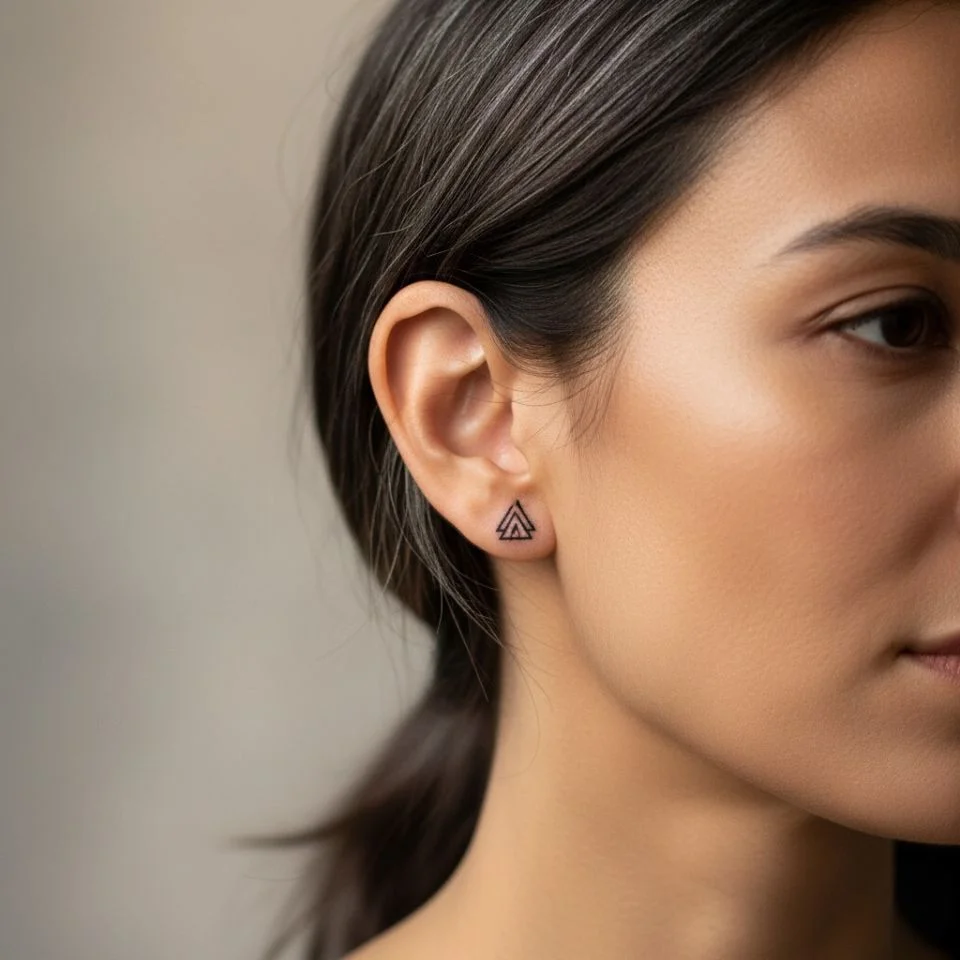 Small symbolic tattoo beside ear and hairline