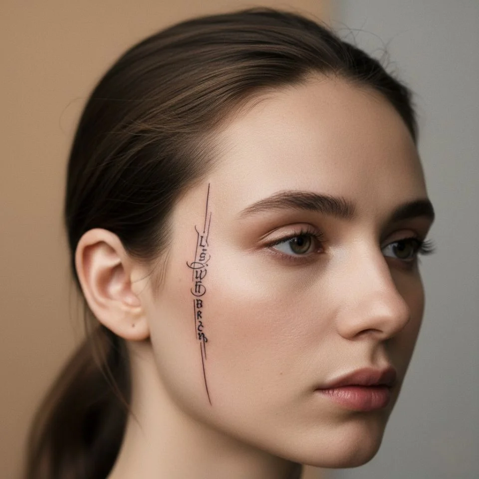 Fine-line script tattoo near sideburn area