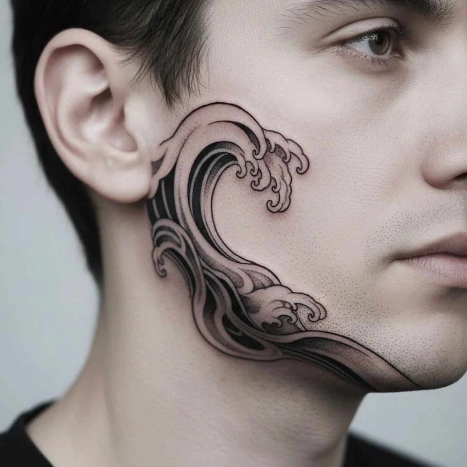 Wave pattern tattoo along sideburn curve