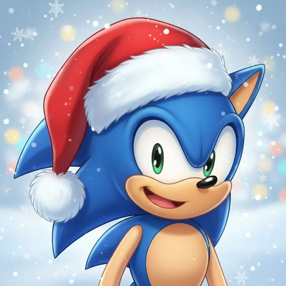 Sonic Christmas PFP with Santa hat and snow