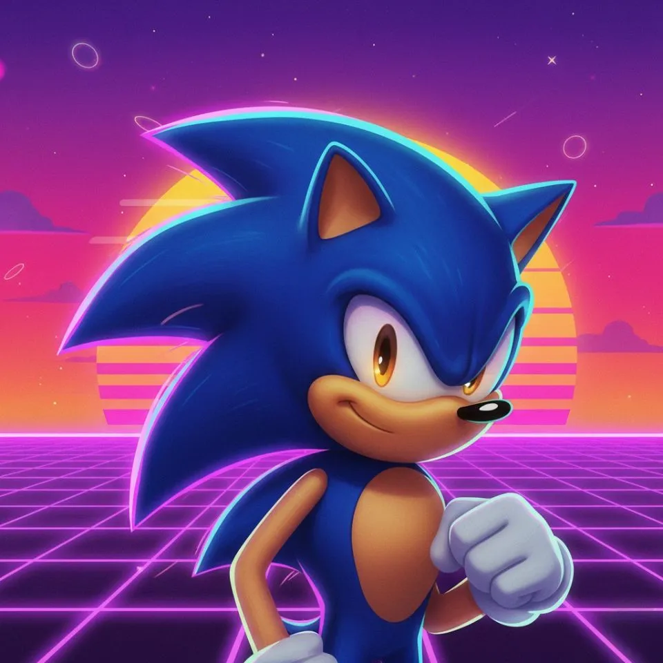 Sonic retro wave aesthetic PFP with sunset grid