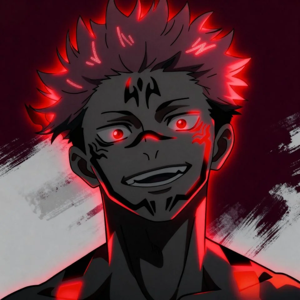 Aesthetic Sukuna icon fan edit with abstract background.