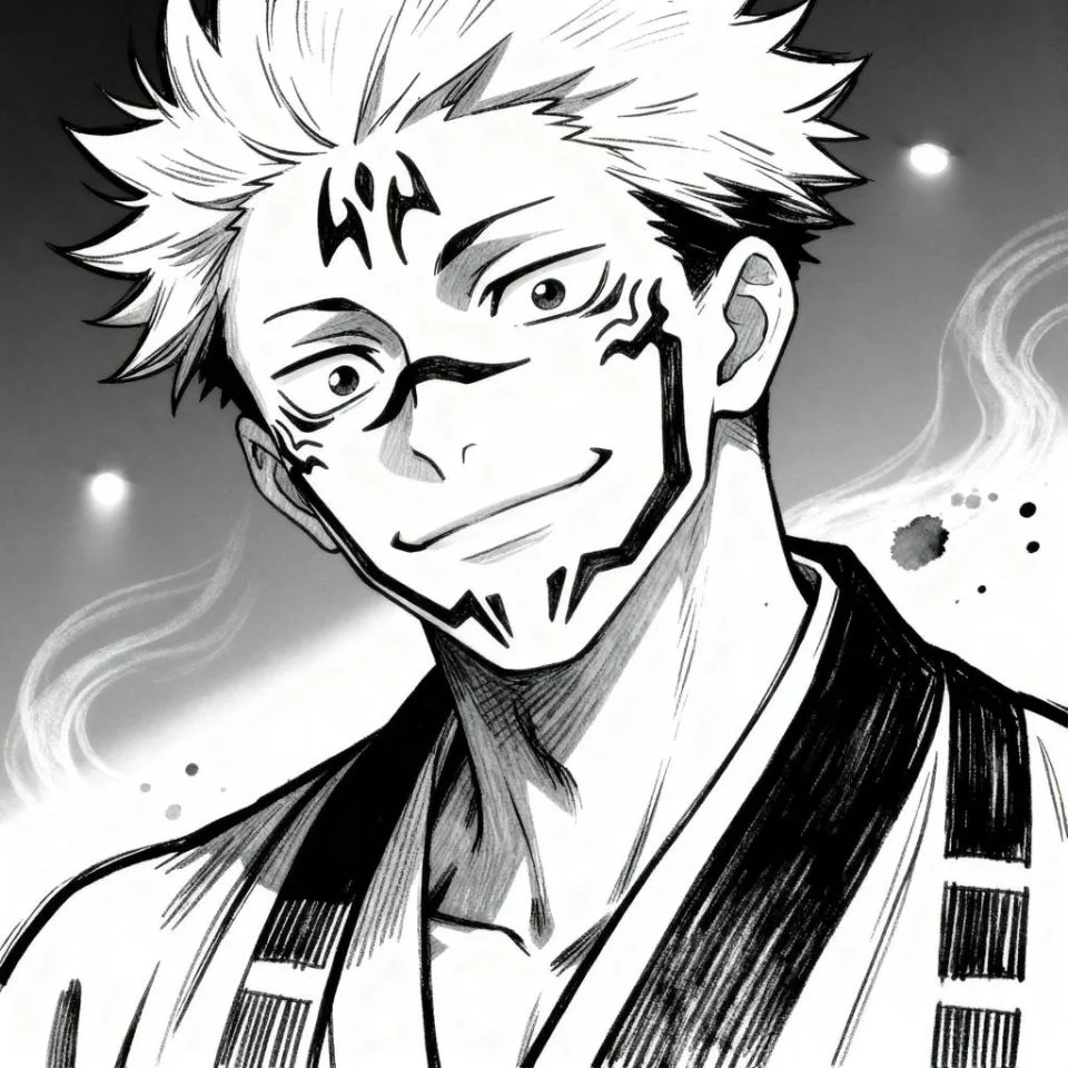 Hand-drawn sketch-style Sukuna PFP in black and white.