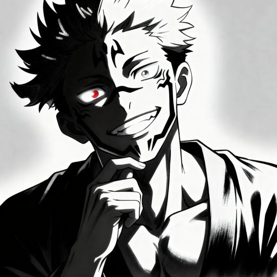 Sukuna black and white PFP with smirk and glowing eyes.