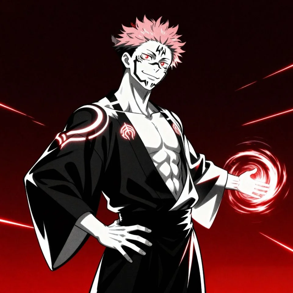 Anime Sukuna with strong lighting and action background.