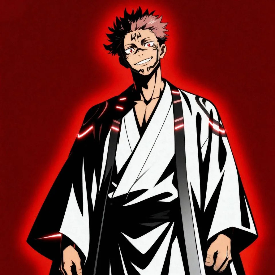 Sukuna cool pose with glowing eyes and confident expression.