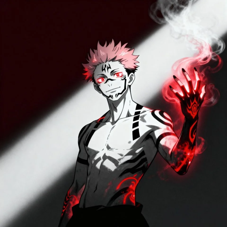 Digital Sukuna fanart with cursed energy effects.