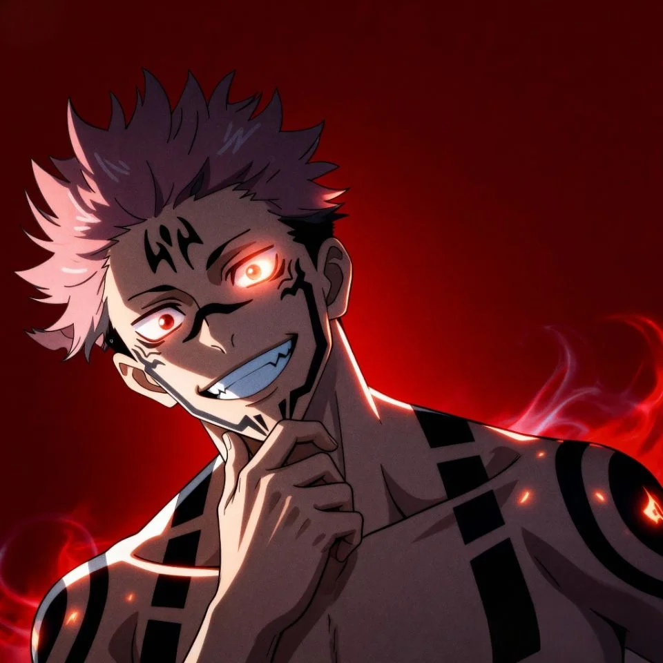 Close-up Sukuna grin with glowing eyes and tattoos.