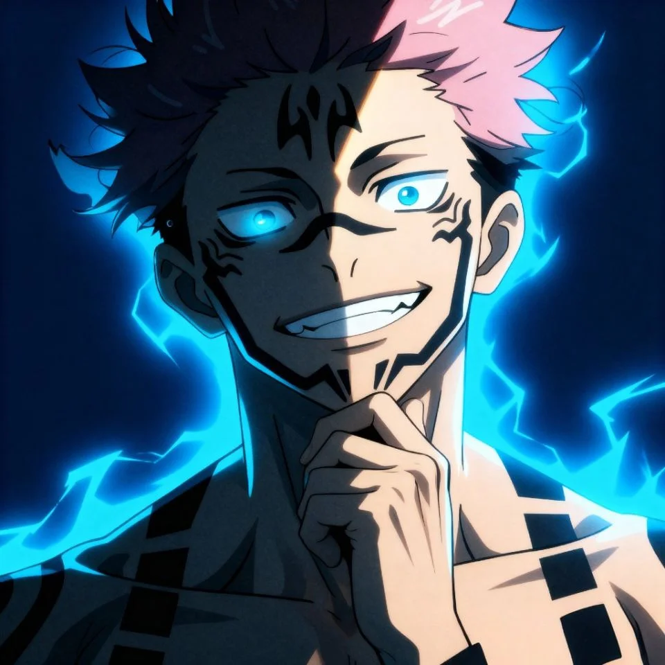 Sukuna evil smile with blue aura and cinematic background.