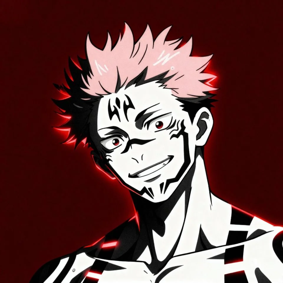 Anime-style Sukuna fanart PFP with red background.