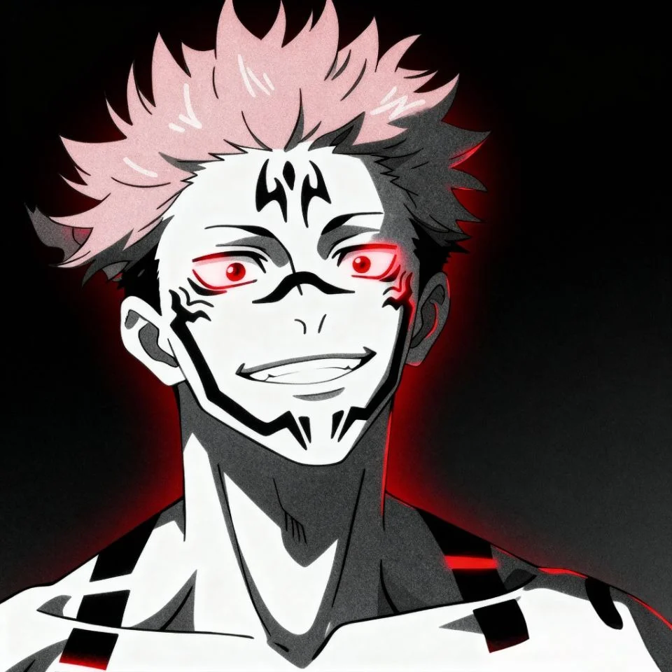 Classic Sukuna fanart PFP with red aura and sharp lines.