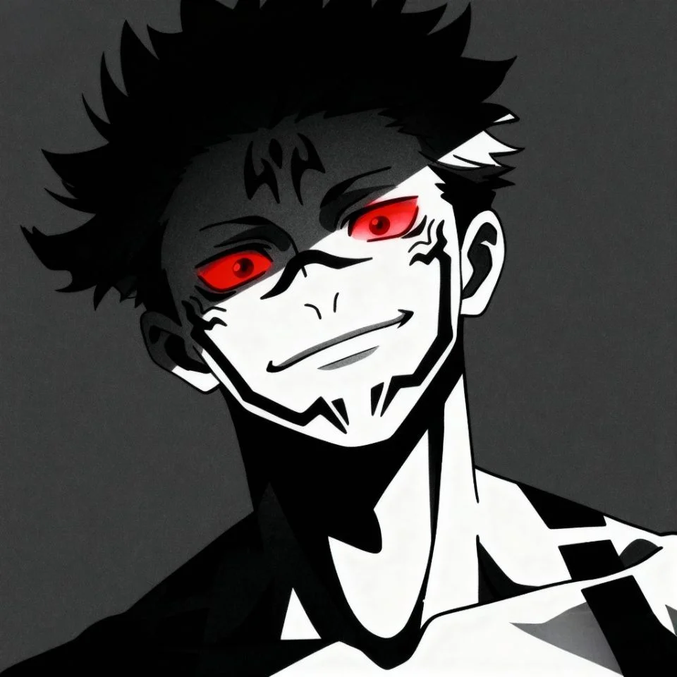 Fan-made Sukuna portrait with glowing eyes and dark tone.