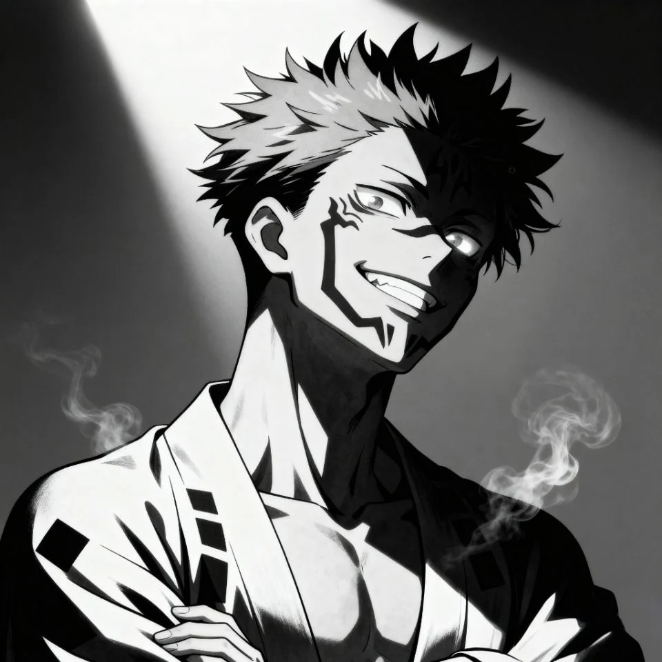 Grayscale Sukuna portrait with dark shadows.