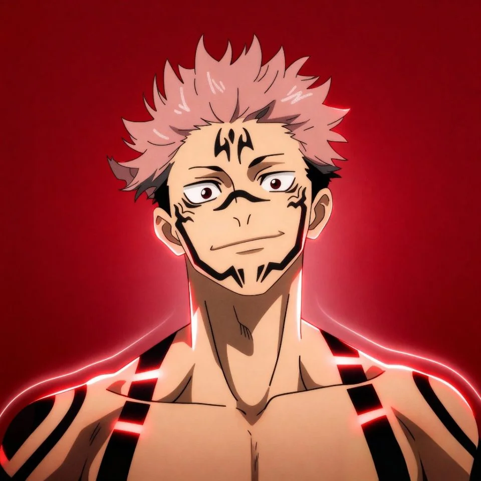 Sukuna aesthetic icon with red gradient background.