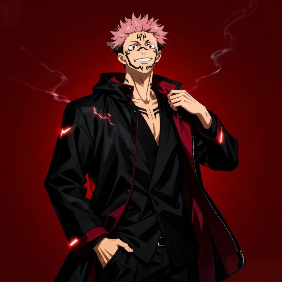 Modern Sukuna fanart with stylish jacket and dark background.