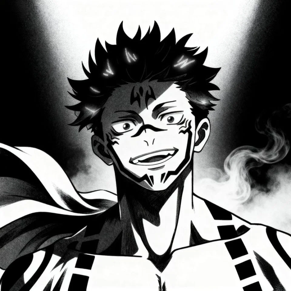 Artistic monochrome Sukuna edit with strong shadows.