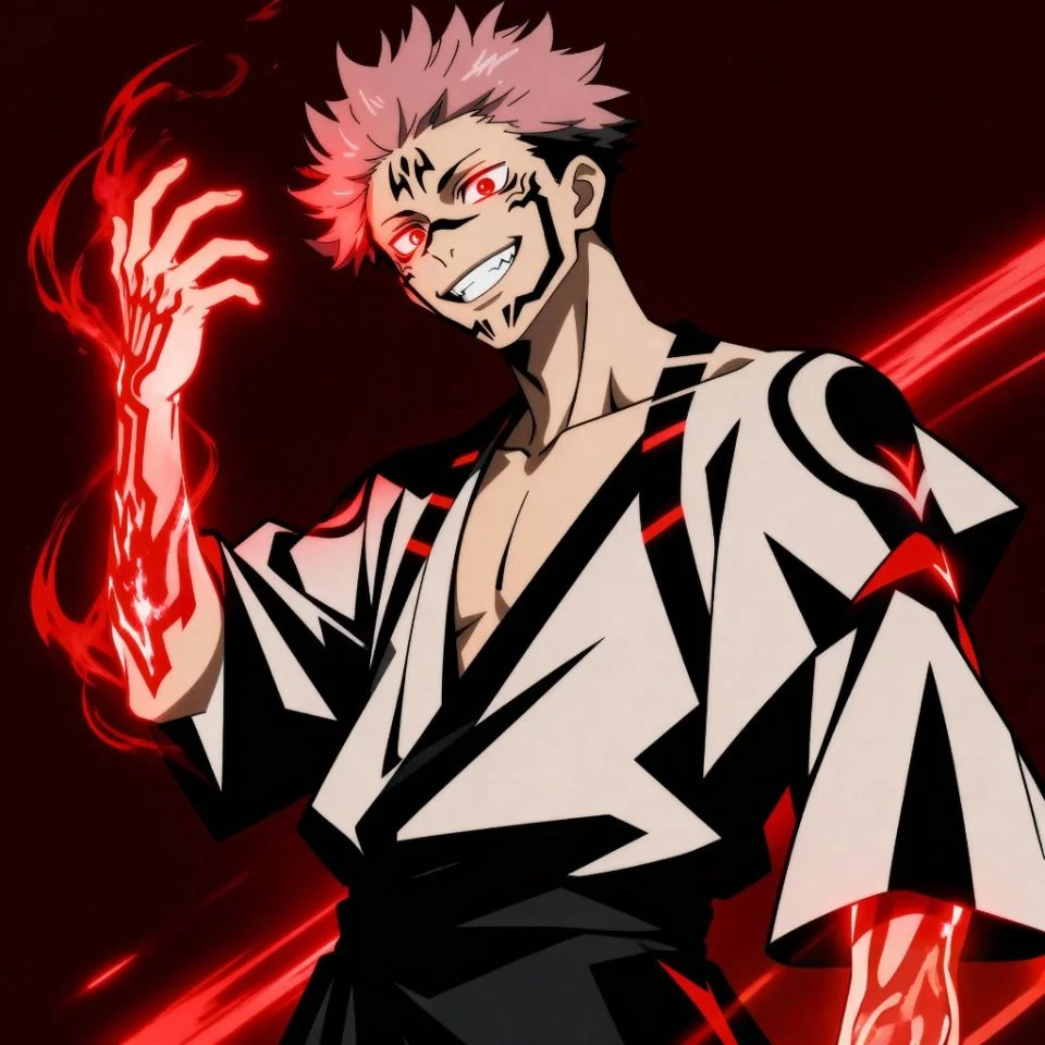 Sukuna anime portrait with red cursed aura.