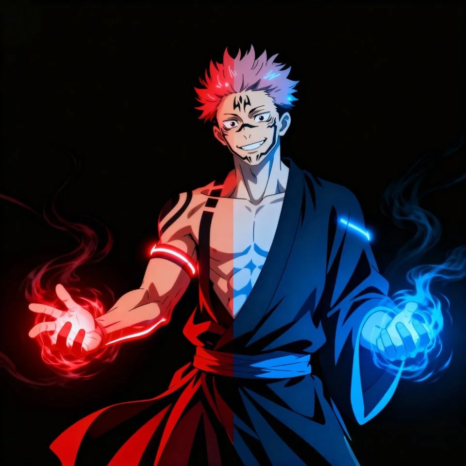 Dual-color Sukuna cool PFP with red and blue split tones.