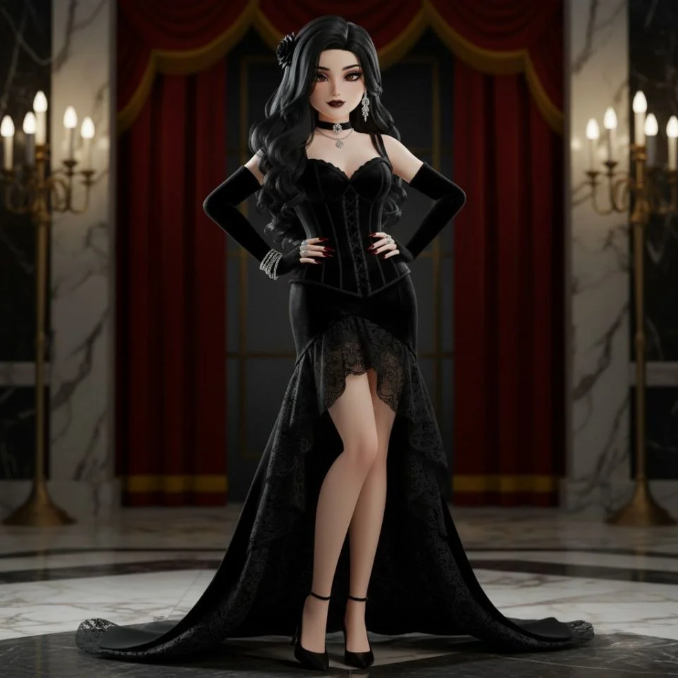 Black velvet sin Telenovela DTI outfit with corset and gloves
