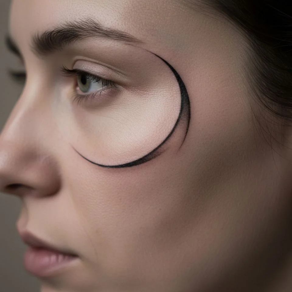 Curved tattoo connecting temple and sideburn