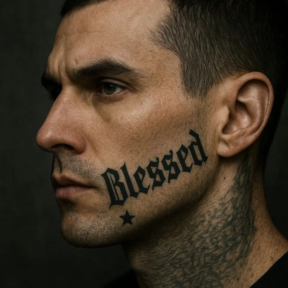 Travis Barker facial tattoo beside sideburn