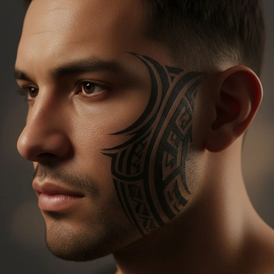 Tribal design tattoo along sideburn