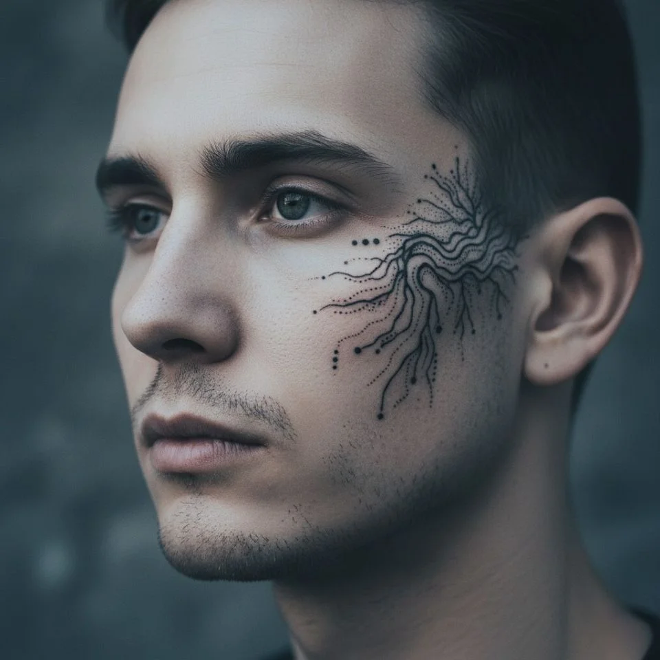 Extended tattoo from under-eye to sideburn