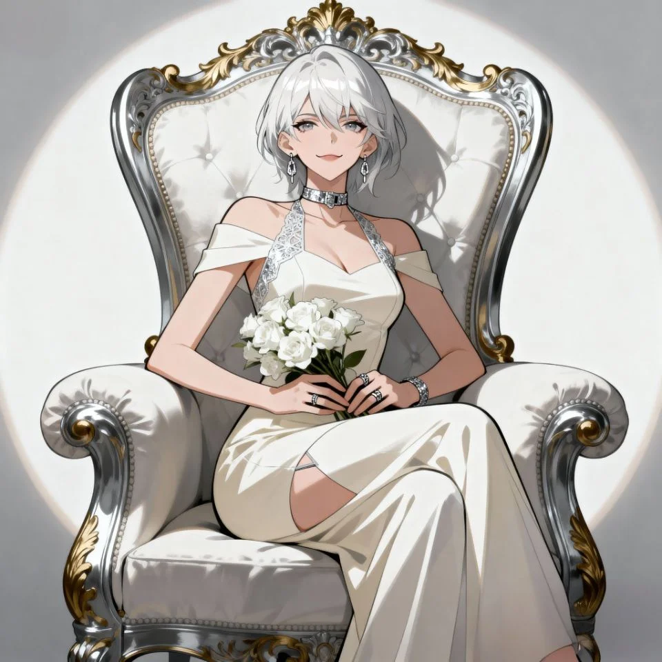 white-aesthetic-pfp-flower-girl Muted white aesthetic girl sitting on a chair holding flowers with a villain aura