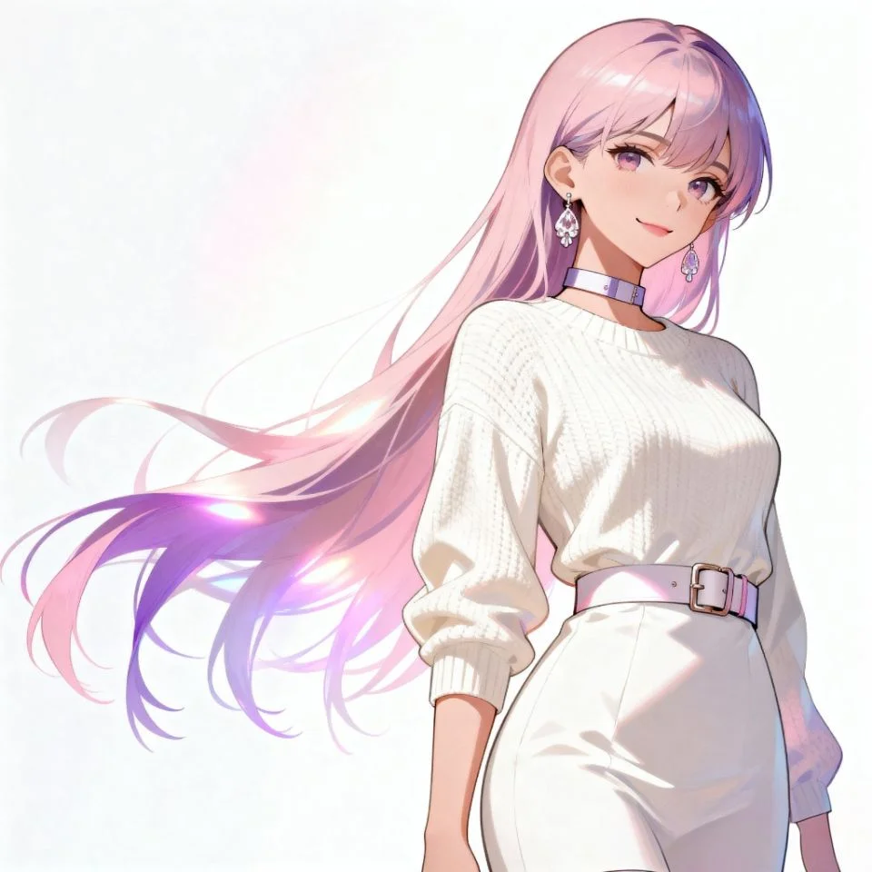 white-aesthetic-pfp-girl-soft soft-lit portrait of girl in white sweater with pastel highlights