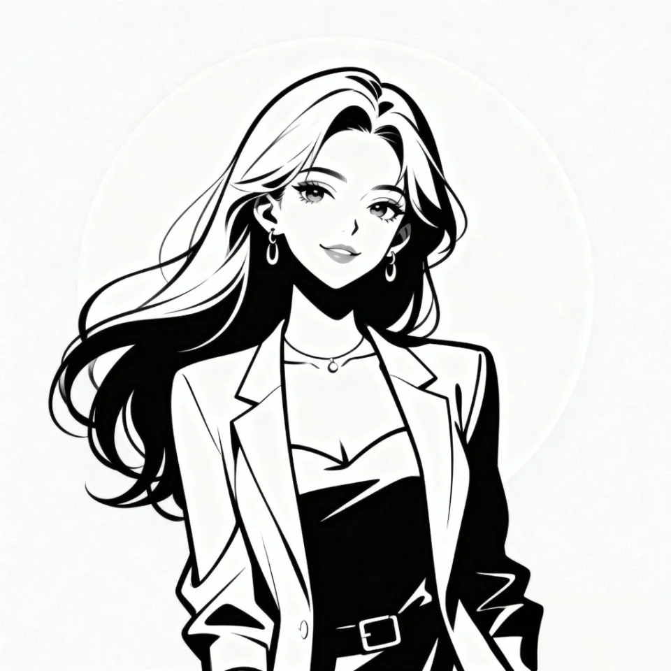 minimal round white icon with thin line portrait of a girl