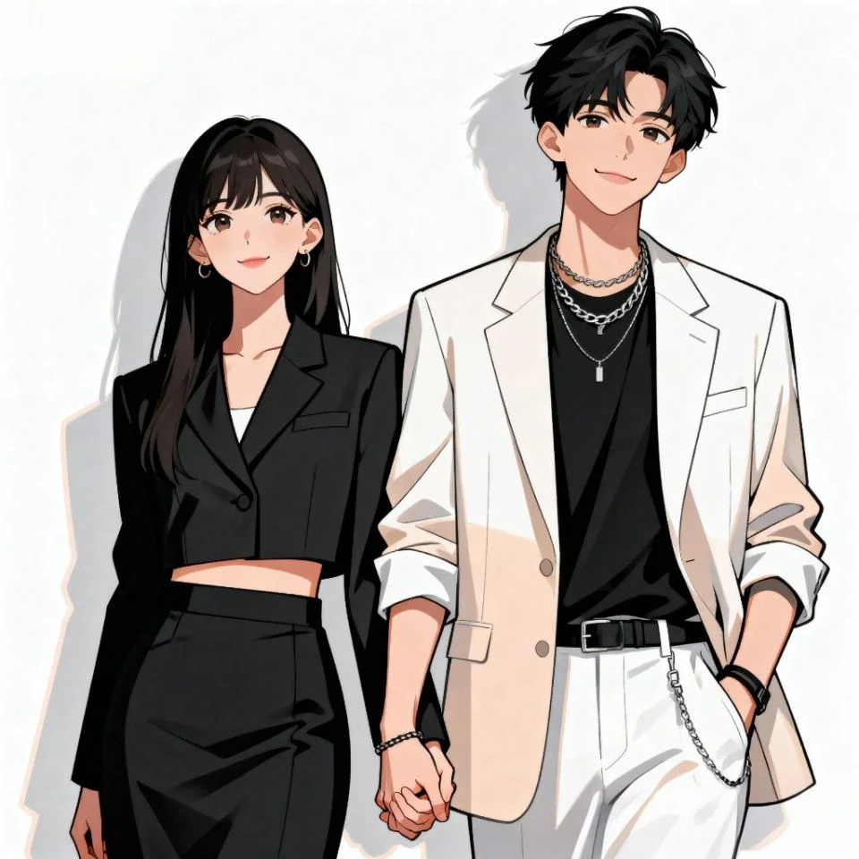 white-pfp-anime-duo anime couple in white background holding hands