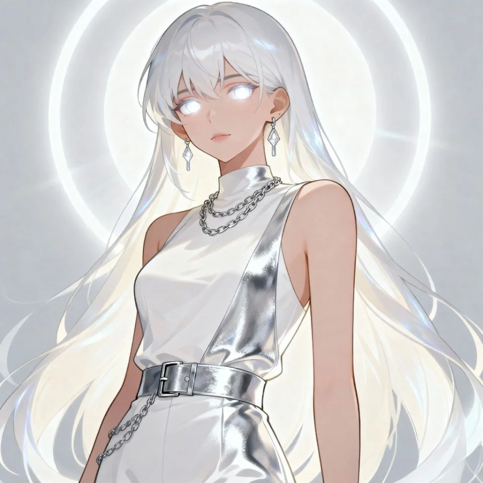 white-pfp-anime-mystic anime character glowing with white aura and dreamy eyes