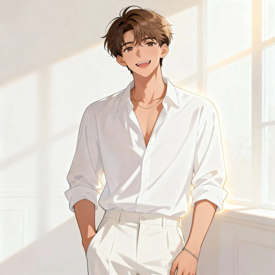 white-pfp-boy-casual-look boy smiling in casual white shirt and light room